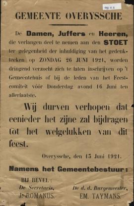 Bericht aan de bevolking i.v.m. inhuldiging van het gedenkteken op zondag 26 juni 1921