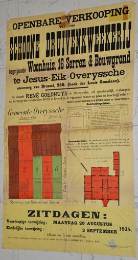 Schoone druivenkwekerij begrijpende woonhuis, 16 serren en bouwgrond te Jezus-Eik, Overijse