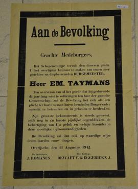 Bericht aan de bevolking i.v.m. het overlijden van burgemeester Em. Taymans