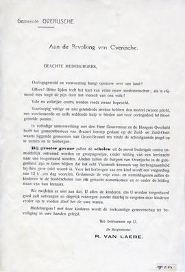 Bericht aan de bevolking i.v.m. de opvang van kinderen gedurende de oorlogstijd