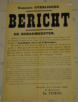 Bericht aan de bevolking i.v.m. de feestdagen van 11 en 15 november