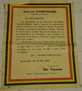 Dankwoord van de burgemeester Em. Taymans ter gelegenheid van het eeuwfeest van België's onafhank...